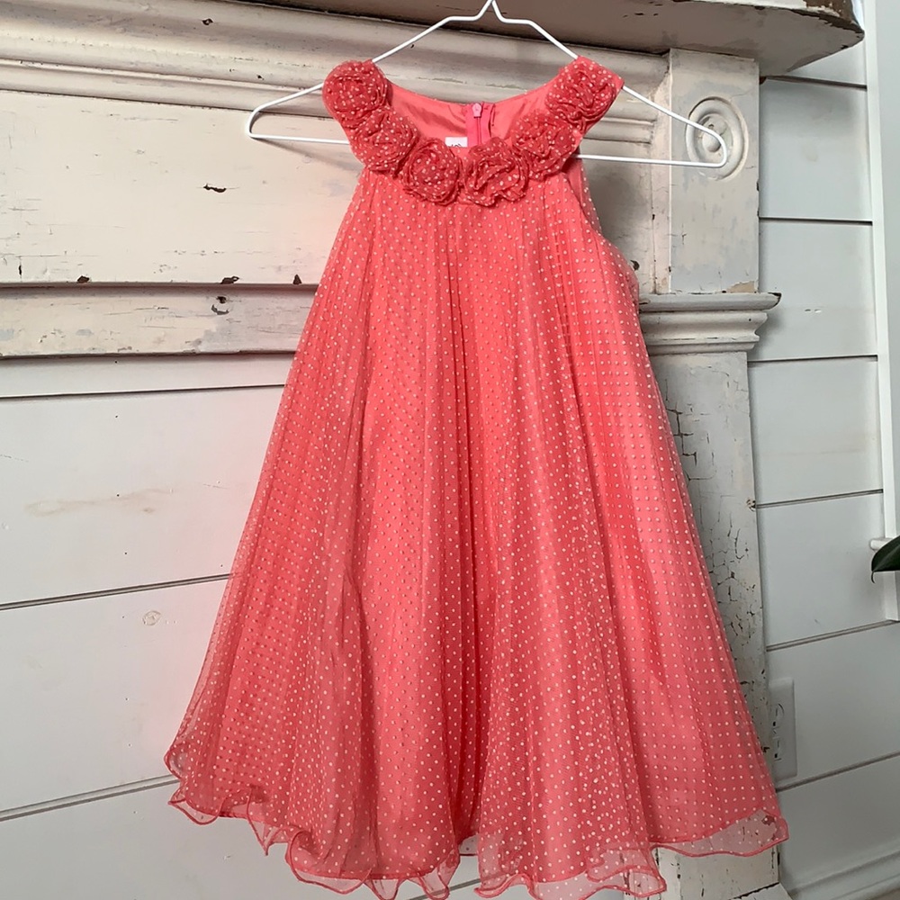 Girls Bonnie Jean Coral Swiss Dot Dress w/ Flowers